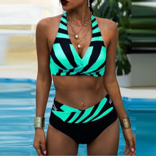 Sexy Stripe Print Push Up Bikini 2021 Summer Halter Backless High Waist Swimsuit Women Hollow Out Bandage Bathing Suit Brazilian