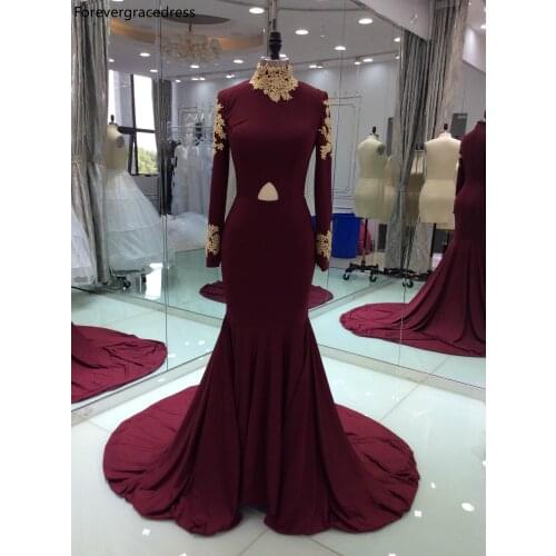 Burgundy Colour Celebrity Dresses High Neck Lace Long Sleeves Evening Party Gown Real Photos