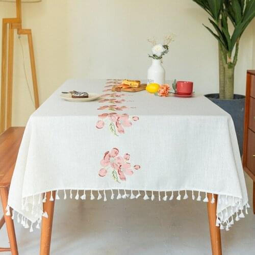 Fashion Hot Sale embroidery color long Flower Designjacquard tablecloth Rural table cloth tablecloth end table mat cotton linen