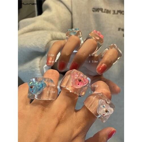 HUANZHI 2020 New Korea Colorful Transparent Bear Acrylic Resin Geometric Square Ring for Women Girls Travel Jewelry Gifts