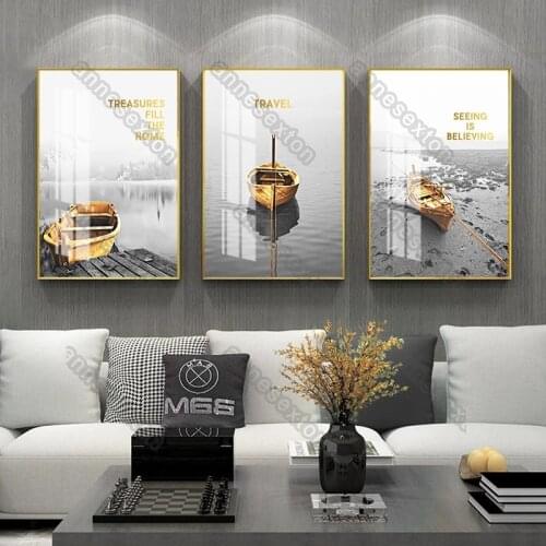 Nordic Style Canvas Painting Poster and Print Gray Lake Scenery and Golden Ships Quote About Travel for Home Rooms Wall Decorati