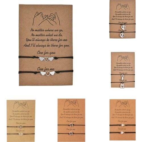 2 Pcs Moon Sun Hollow Heart Bracelet Set For Couple Women Men Lover Lock Key Bracelet With Wish Card Friendship Handmade Jewelry