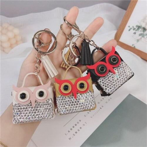 Creative leather owl fringed keychain cute leather crystal owl car key ring fashion women bag charm key chain Key Chains