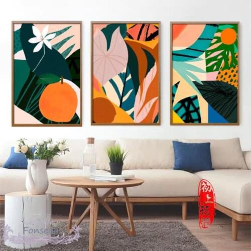 Cartoon Colorful Botanical Canvas Painting Green Plant Leaf Cactus Orange Flower Poster Nordic Wall Art Pictures Room Decor