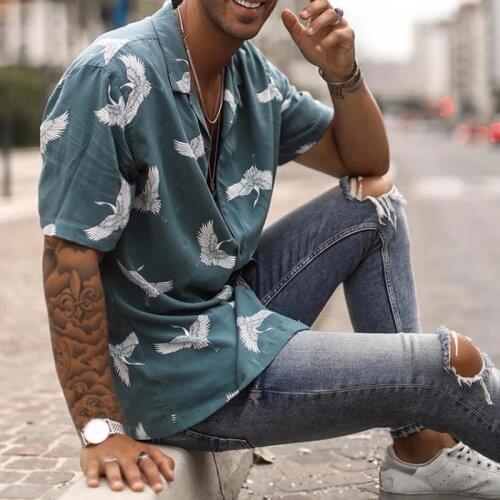 Mens Vintage Bird Print Beach Shirts Casual Turn-down Button Short Sleeve Tops Summer Fashion Male Loose Shirt Streetwear