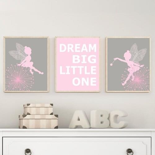 Fairy Angele Girls Wall Art Canvas Painting Dream Big Little One Quote Posters Cartoon Print Baby Room Nursery Picture Decor