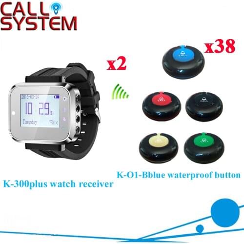 Table Buzzer Waiter Calling System Wireless Bell Watch Pager Receiver With 100% Waterproof Button(2 watch+38 call button)