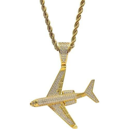Hip Hop Micro Paved AAA Cubic Zirconia Bling Ice Out Aircraft Pendants Necklaces for Men Jewelry Gold Color
