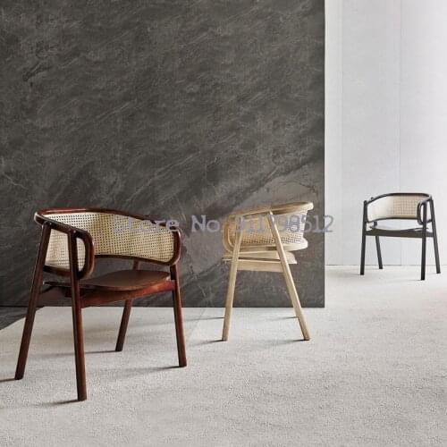 Nordic dining chair home living room rattan solid wood backrest stool modern minimalist hotel armrest makeup chair light luxury
