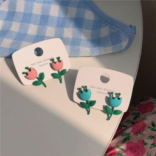U-Magical Summer Fashion Pink Blue Contrasted Tulip Dangle Earring for Women Green Leaf Plant Earring Jewelry Accessories