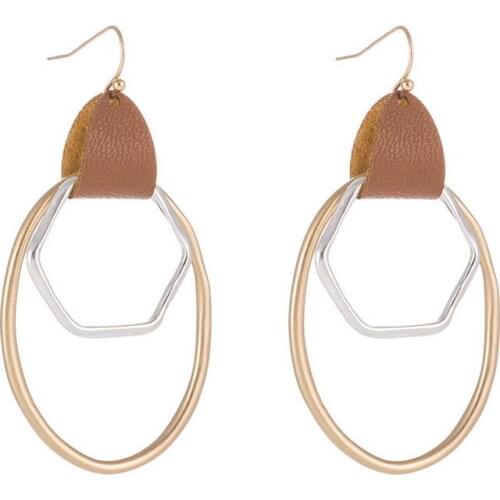 ZWPON Fashion Geometric Oval Hexagon Zinc Alloy Drop Earrings Antiquities Alloy Long Tassel Leather Drop Earrings for Woman
