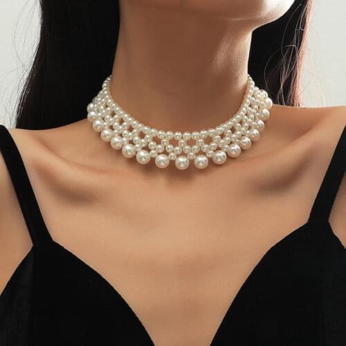 Fashion Handmade Beaded White Simulated Pearl Chokers Necklaces For Women OL Style Trendy Statement Pearl Pendants Necklace