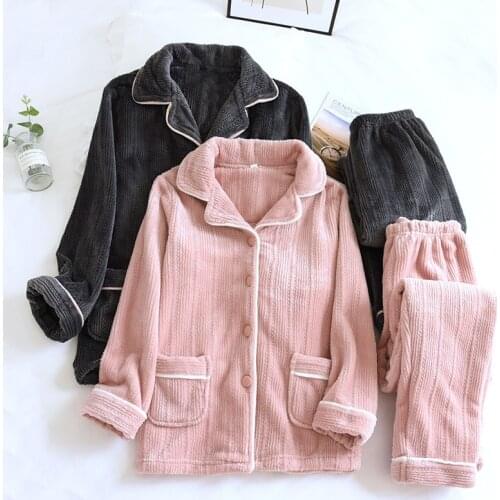 SR193 Winter Warm Pajama Set for Women Thick Velvet Home Flannel Sleepwear Couple Soft Plush Long Pant Men Nightwear Pajamas