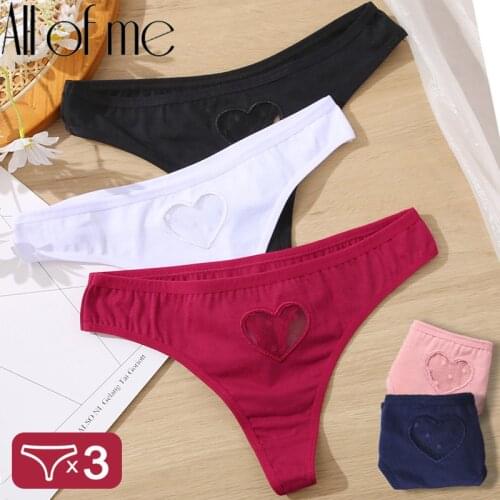 3PCS/Set Heart G-string Panties Cotton Womens Underwear Lace Mesh Sexy Lingerie Hollow Transparent Pantys Soft Intimates Thong