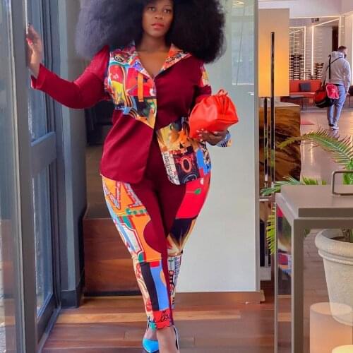 3XL 4XL Plus Size Vintage Women Colorful Print Two Piece Sets Autumn New Arrivals Lady Turn-down Collar Suit And Pants Outfits