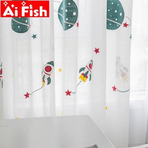 Cartoon White with Blue Outer Space Rocket Embroidered Voile Tulle Curtains For Children Kids Bedroom Window Treatment Drapes