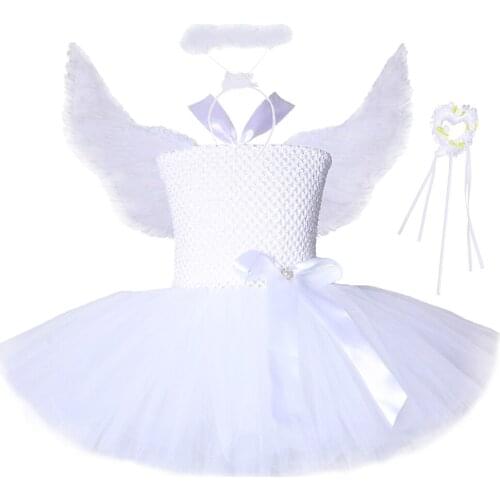 White Guardian Angel Tutu Dress with Wings Halo Set Kids Christmas Halloween Party Dresses for Girls Fairy Angel Cosplay Costume