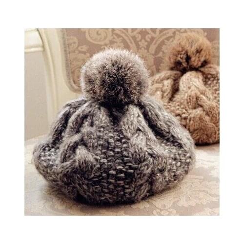 Free shipping Wool knitting hat New winter pineapple jacquard thickening shag line hat ms rabbit hair ball