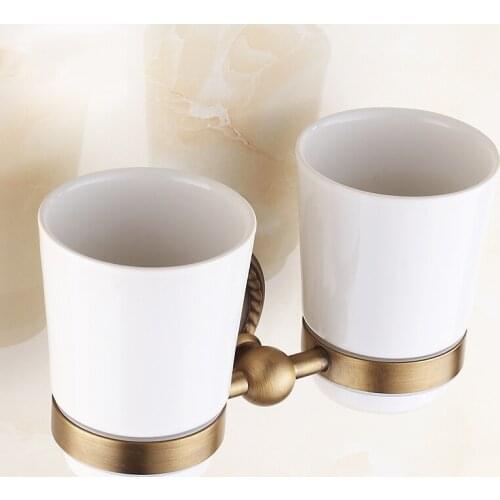 Holders 2 Ceramic Cups Antique Brass Toothbrush Double Cup Holder Wall Bathroom Accessories Tumbler Rack HJ-1303F