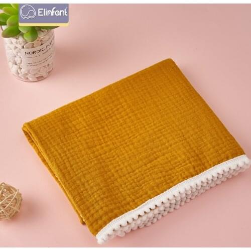 Elinfant solid color Fringed lace design 80*65cm baby swaddle blanket 100% cotton soft muslin swaddle blanket