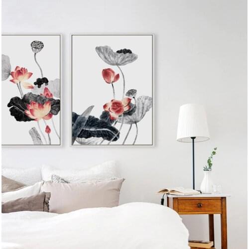 07G Nordic Chinese Lotus A4 A3 Canvas Art Painting Print Poster Picture Wall Bedroom Living Room Style House Decoration Murals