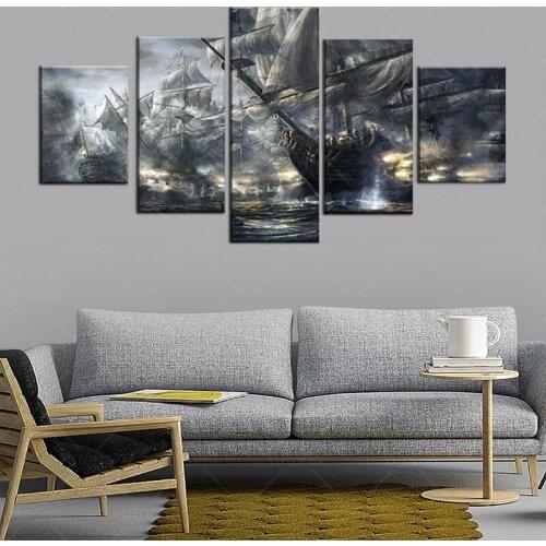 5 Pieces Printed Pirate Ships Battle On The Sea Paintings Canvas Wall Art Pictures for Living Room Modern Design Home Decoration
