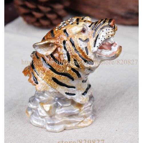 Collection Metal Tiger Head Sculpture Figurine Tiger head Rhinestone Trinket Gift Box Wild Tiger Jeweled Pewter Trinket Box