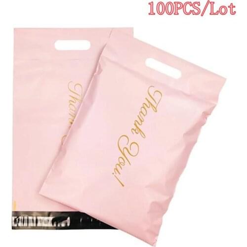100PCS Thank You Portable Poly Mailer Adhesive Envelopes Bags Courier Hair Bundles Party Gifts Boxes Shipping Pouches Pink/Black