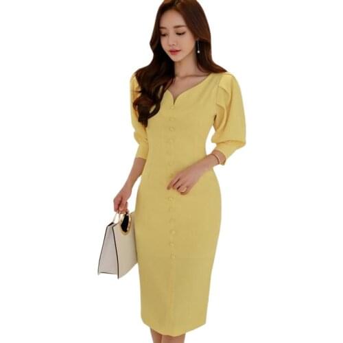 Summer Dresses Yellow Vneck Puff Sleeve Womens Dress Office Ladies Bandage Bodycon Sexy Party Elegant Wrap Midi Pencil Dress