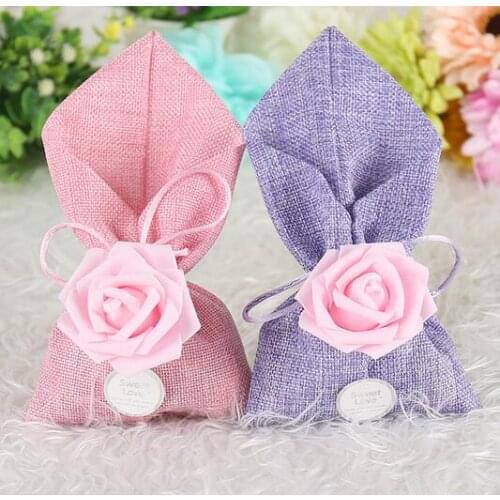 20pcs/lot Cute Purple Wedding Candy Bag With Pink Color PE Rose Flower And Sweet Love Card DIY Beautiful Party Favor Gift Box