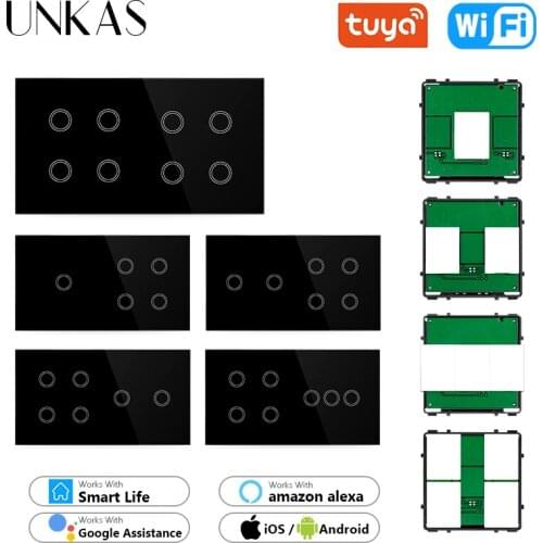 UNKAS Modules DIY Free Combination 5 6 7 8 Gang Tuya Wifi EU Standard Touch On / Off Smart Switch Black Glass 157mm Panel Outlet