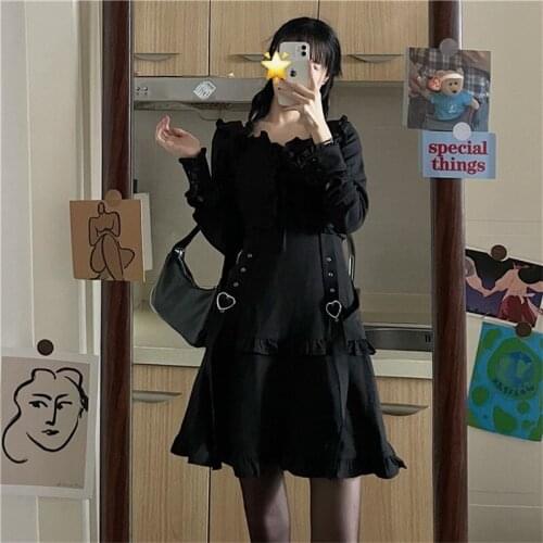 Korean New Girly Vintage Harajuku Dark Black Dresses Sweet Square Collar Cute Ruffles Slim Dresses Full Sleeve Cupcake Dress
