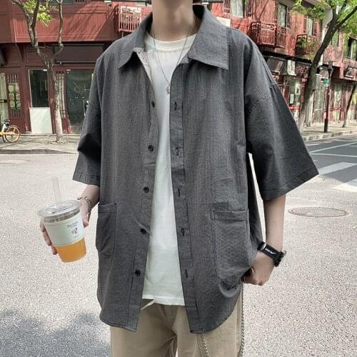 BXyichen Original Striped Cotton Shirt Hong Kong Style Retro Loose Harajuku Tide Ruffle Handsome Casual Short Sleeve Shirt