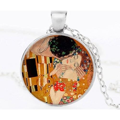 The Kiss Starry Night Sunflower Glass Necklace Van Gogh Klimt Painting Round Pendant Chain Necklaces For Women Girls