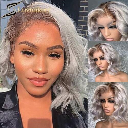 13x6 Deep Part Transparent Bob Short Wet And Wavy Ombre Grey Human Hair Wig Pre plucked Hd Lace Frontal Wig For Black Women