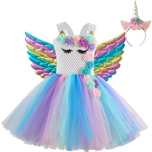 Girls Unicorn Dress Costume Princess Pastel Sequins Kid Unicorn Birthday Party Tutu Dresses Christmas Halloween Dress Send Wings