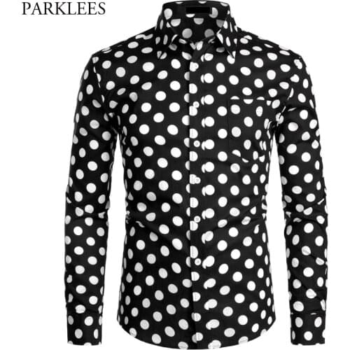 Black White Polka Dot Shirt Men Chemise Homme Casual Button Up Mens Dress Shirts Garden Point Camisas Masculina USA Size XS-XXL