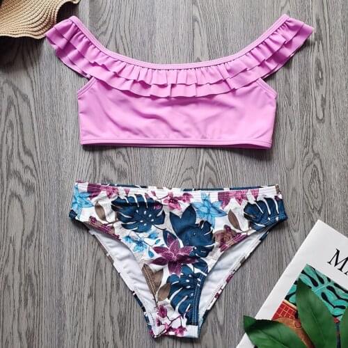 Off Shoulder Girl Swimsuit Kids Ruffle Girl Bikini Set 4-13 Years Two Piece Childrens Swimwear Tropical Girls Bathing Suit 2021