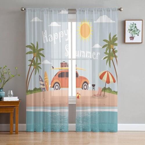 Beach Surfing Palm Trees Sheer Curtains for Living Room Bedroom Kitchen Tulle for Windows Voile Drapes Home Decoration