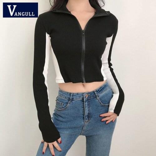 Vangull Patchwork White Black Knitted Cardigan Women Zipper Turtleneck Short Slim Long Sleeve Korean Spring Autumn New Outwear
