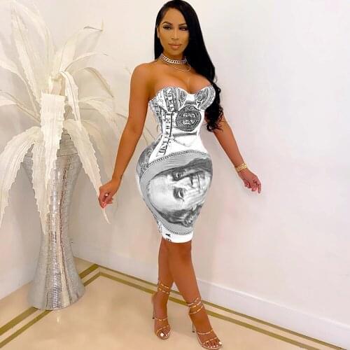 Y2K US Money Dollar Print Summer Midi Dresses Women Off The Shoulder Body-shaping Skinny Dress Streetwear Backless Club Dress