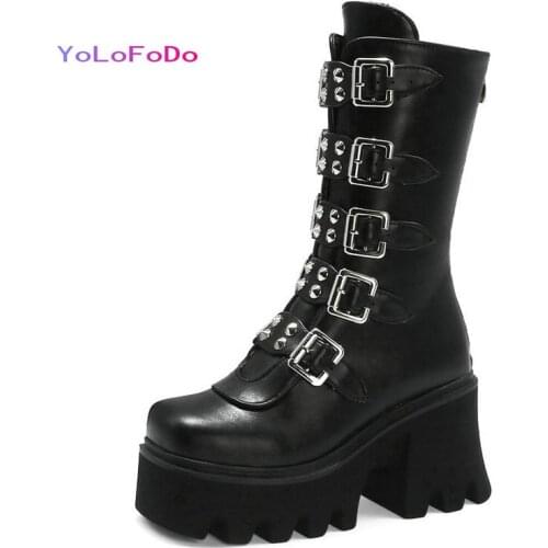 2021 Autumn Winter Women Ankle Boots Platform Square High Heel Ladies Motorcycle Boots Buckle Back Zipper Womens Boots Big Size