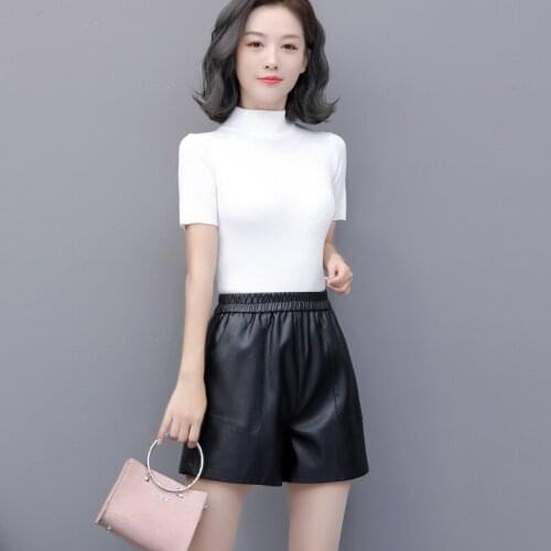 Women Elastic Waist Loose Faux Sheepskin Shorts M-5XL New Arrival Ladies New Style Black PU leather Short Female Party Clothing