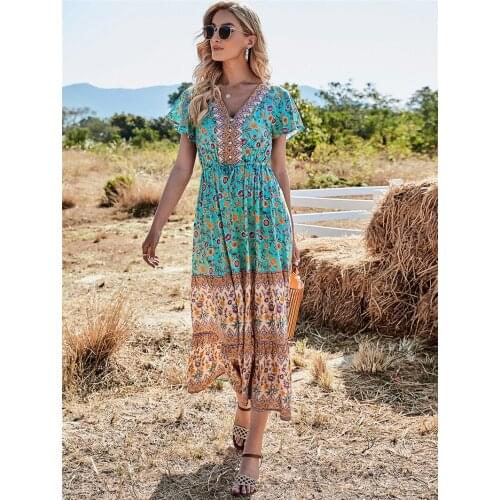 Happie Queens women Floral print beach Bohemian rayon maxi dresses Ladies V neck botton Boho pleated dress vestidos