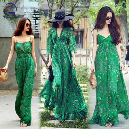 Summer Women Chiffon Suspender Dress V-neck High Waist Floral Print Beach Midi Dresses Backless Sexy Vestidos Green slim dress