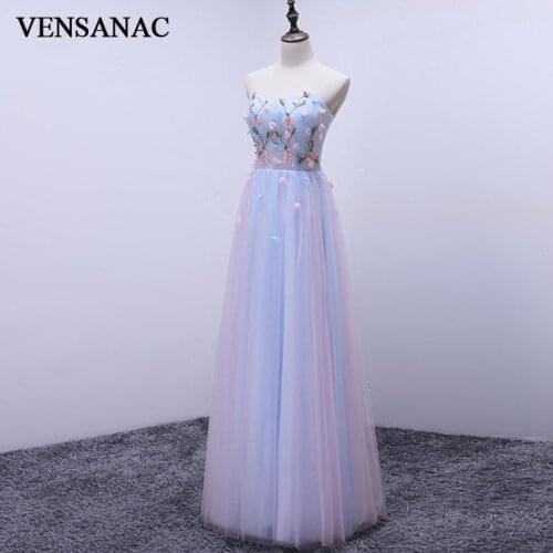 VENSANAC 2018 Strapless Flowers Appliques A Line Long Evening Dresses Elegant Lace Party Crystal Backless Prom Gowns