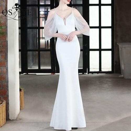 Short Sleeves White Prom Dress Long Wedding Evening Dress V Neck Formal Party Gown Mermaid Straps Beading Tulle Fit Prom Gown