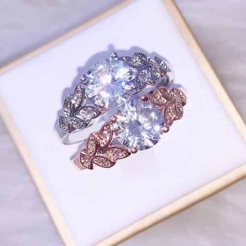 1PC Hot Diamond Silvery Women Leaf Engagement Rings Zircon Cubic Graceful Girls White Rose Golden Ring Size 6 7 8 9 10 jewelry