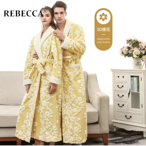2021 New Flowers Jacquard Craft Double-layer Thickening and Extended Long Plus Size Loose Flannel Warm Bathrobe for Men Women