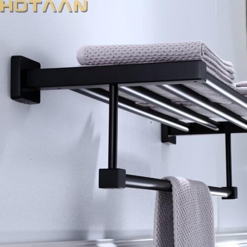 40/50/60cm Black Towel Rack Wall-mounted Black Oil Brushed Aluminium Towel Holder Bathroom Accessories Bath Shelves